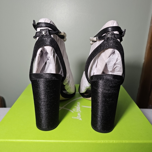 Sam Edelman Yanelli Black Silk Chunky Heel Beaded Wrap Around Strap Size 6.5 - Picture 5 of 8